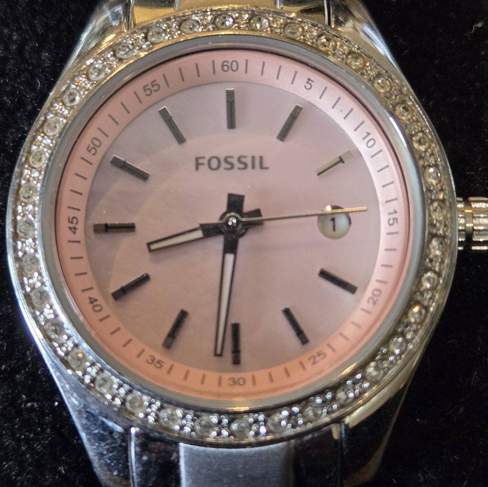 Fossil Silver and Pink Watch with Crystal Details